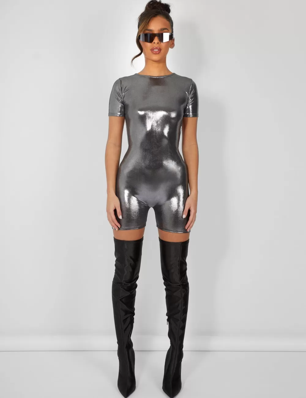 New Public Desire Metallic Open Back Detail Short Sleeve Unitard Playsuit Silver
