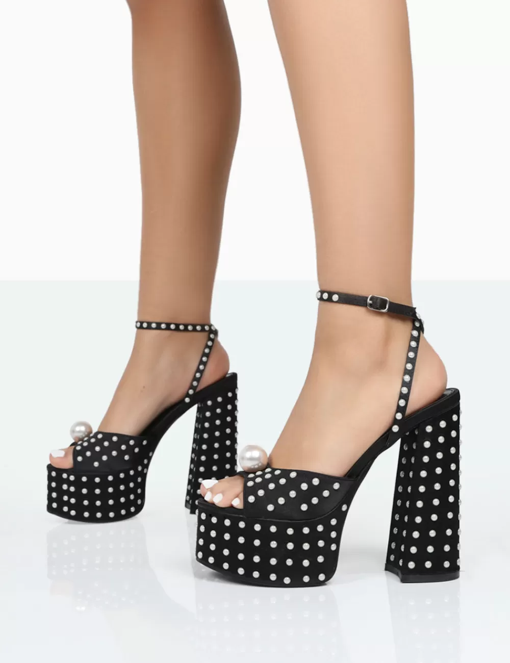 Outlet Public Desire Mia Black Satin Pearl Open Toe Block Platform Heels