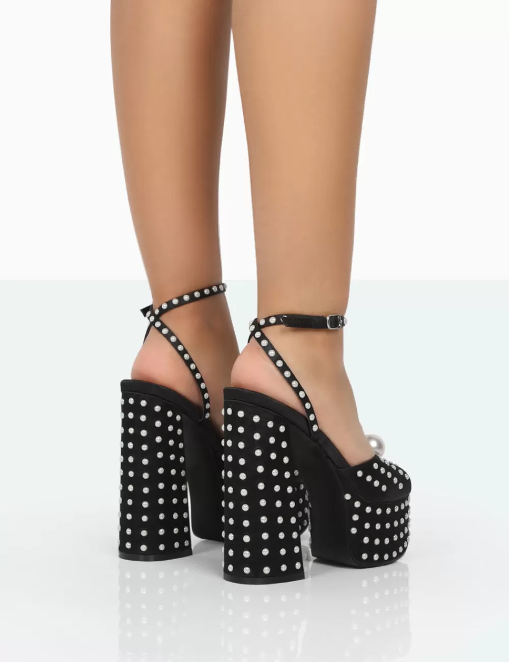 Outlet Public Desire Mia Black Satin Pearl Open Toe Block Platform Heels