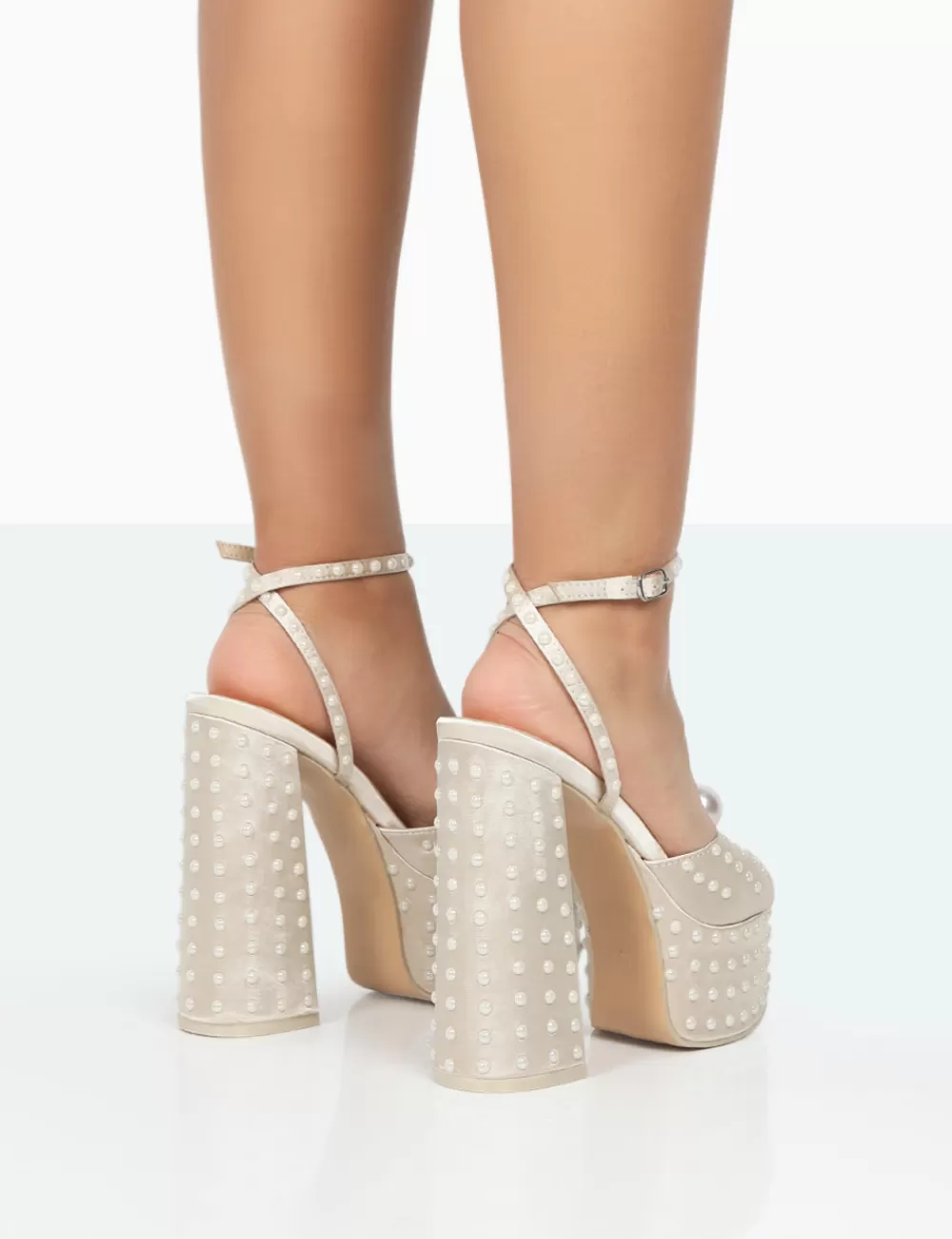Store Public Desire Mia Ecru Satin Pearl Open Toe Block Platform Heels