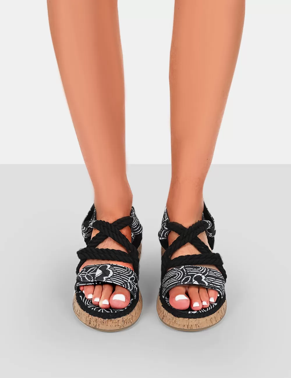 Discount Public Desire Miami Wide Fit Printed Rope Flatform Lace Up Sandals Black