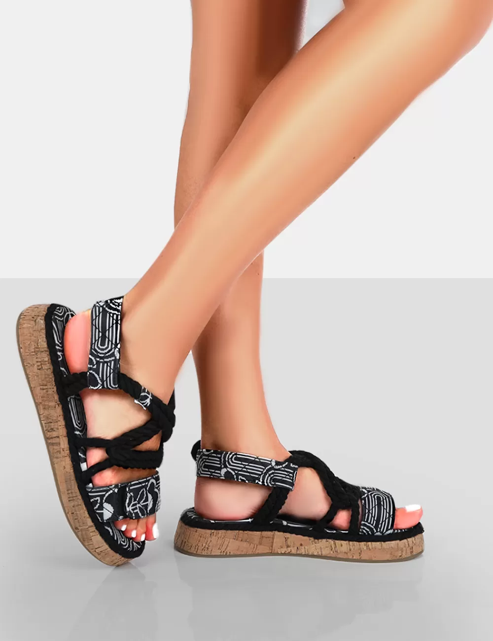 Discount Public Desire Miami Wide Fit Printed Rope Flatform Lace Up Sandals Black