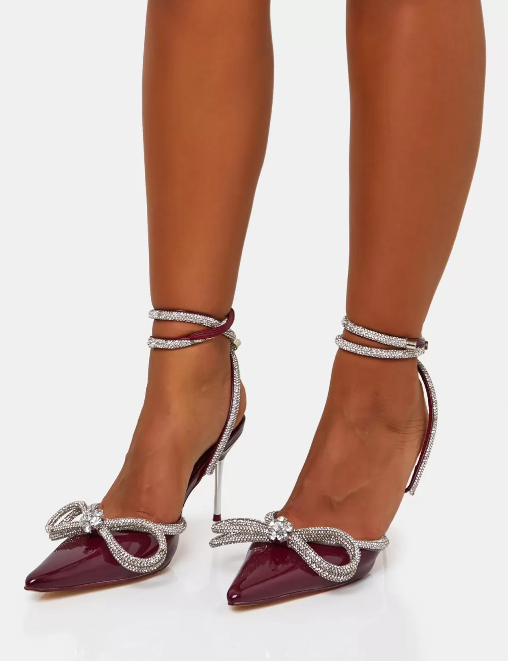 Cheap Public Desire Midnight Burgundy Patent Wrap Around Diamante Pointed Court Mid Heel Green
