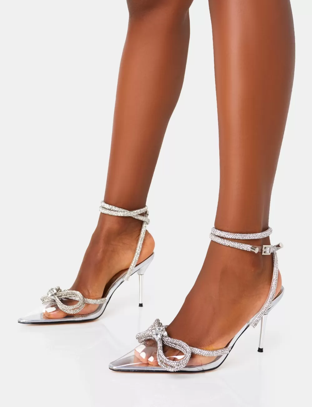 New Public Desire Midnight Mid heel Perspex Wrap Around Diamante Bow Pointed Toe Clear