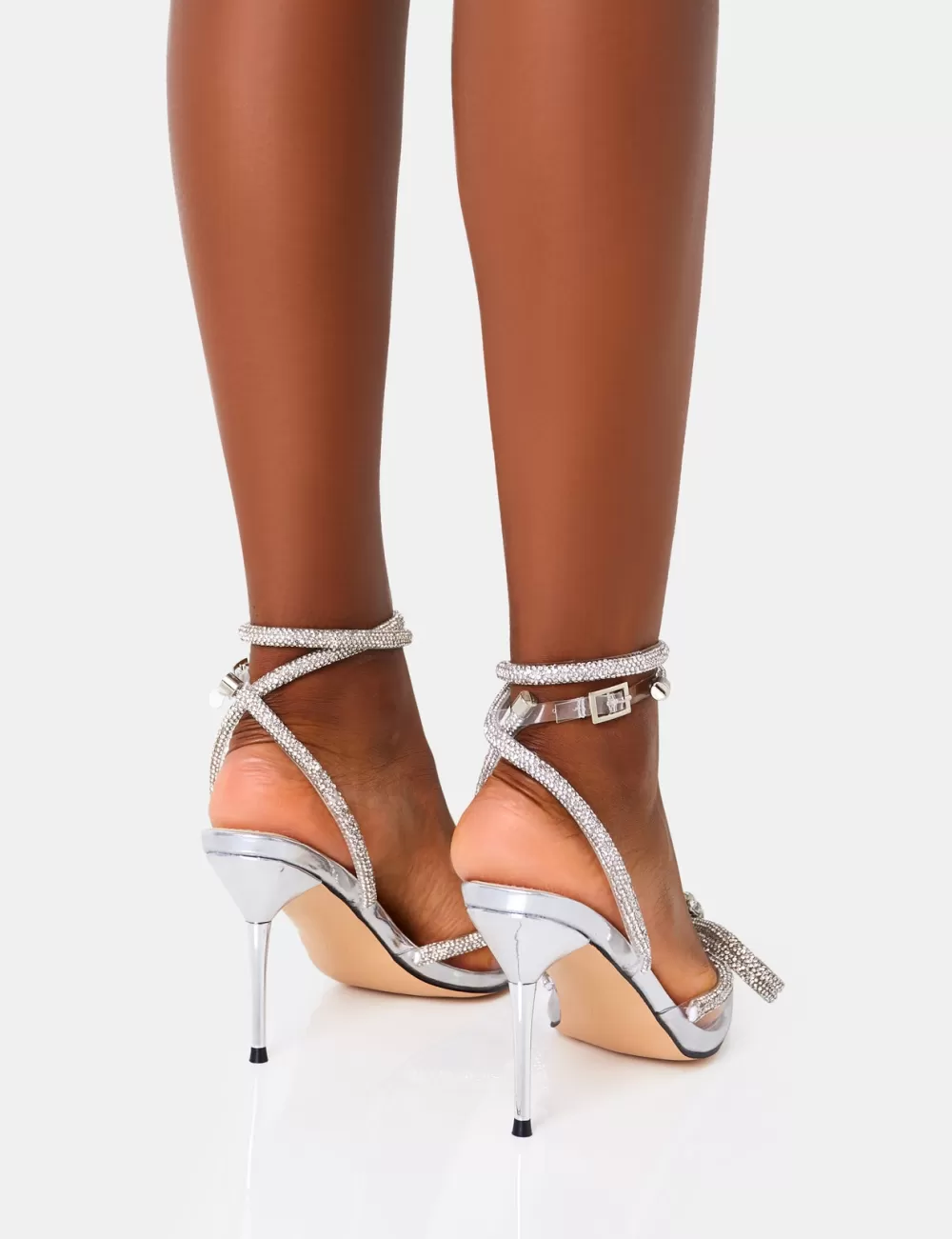New Public Desire Midnight Mid heel Perspex Wrap Around Diamante Bow Pointed Toe Clear