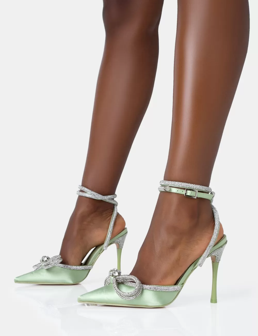 New Public Desire Midnight Sage Satin Wrap Around Diamante Bow Pointed Toe High Heels Green