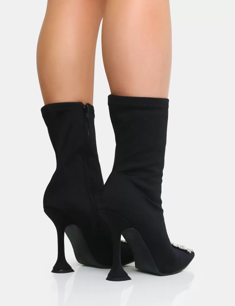 Fashion Public Desire Modena Nylon Diamantie Broach Cake Stand Heel Sock Ankle Boot Black