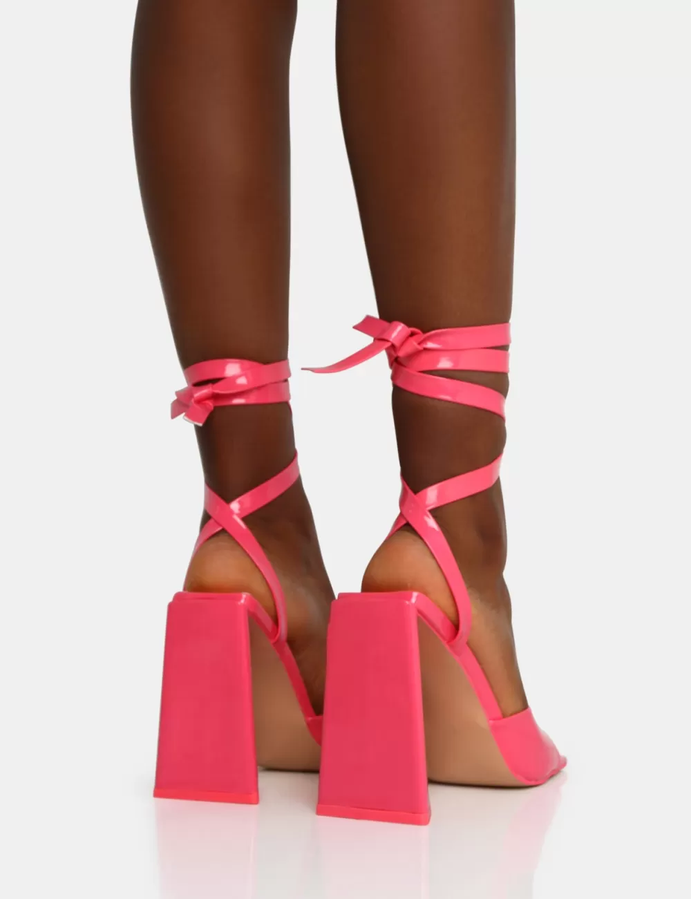 Clearance Public Desire Mojito Coral Patent Lace Up Pyramid Block Heels Orange