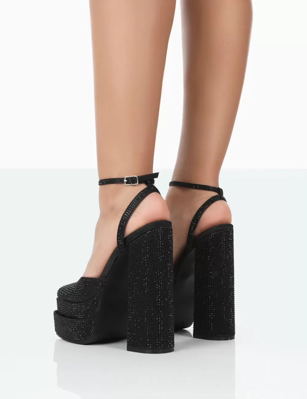 Online Public Desire Moonchild Sparkly Diamanté Satin Closed Toe Platform Block Heels Black