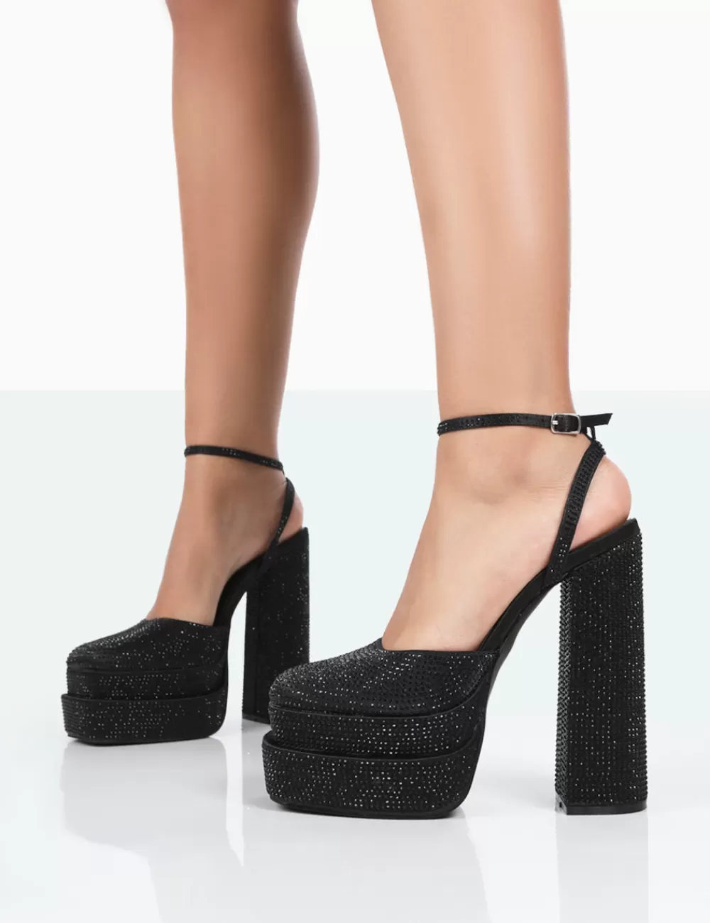 Online Public Desire Moonchild Sparkly Diamanté Satin Closed Toe Platform Block Heels Black