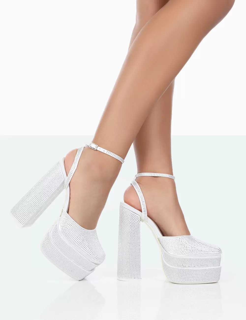 Clearance Public Desire Moonchild Diamanté Satin Closed Toe Platform Block Heels White