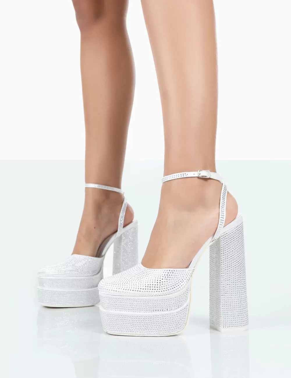 Clearance Public Desire Moonchild Diamanté Satin Closed Toe Platform Block Heels White