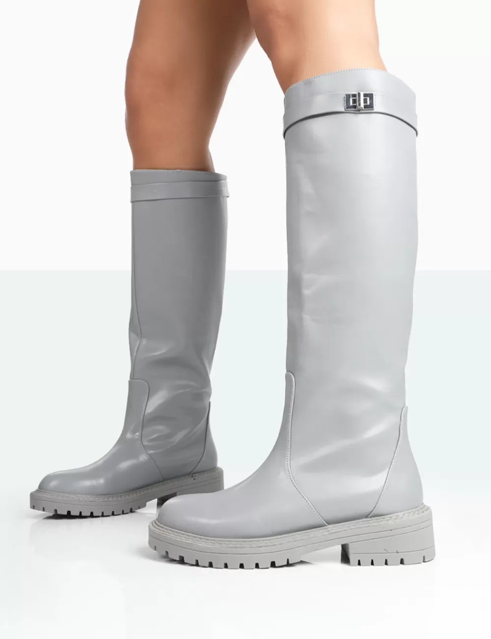 Outlet Public Desire More Fun PU Round Toe Chunky Sole Knee High Boots Grey