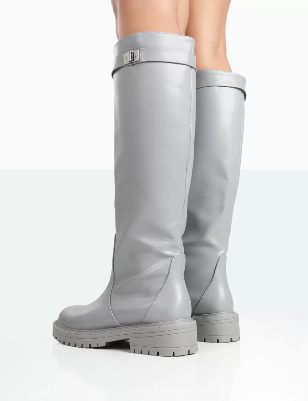 Online Public Desire More Fun Wide Fit Pu Round Toe Chunky Sole Knee High Boots Grey