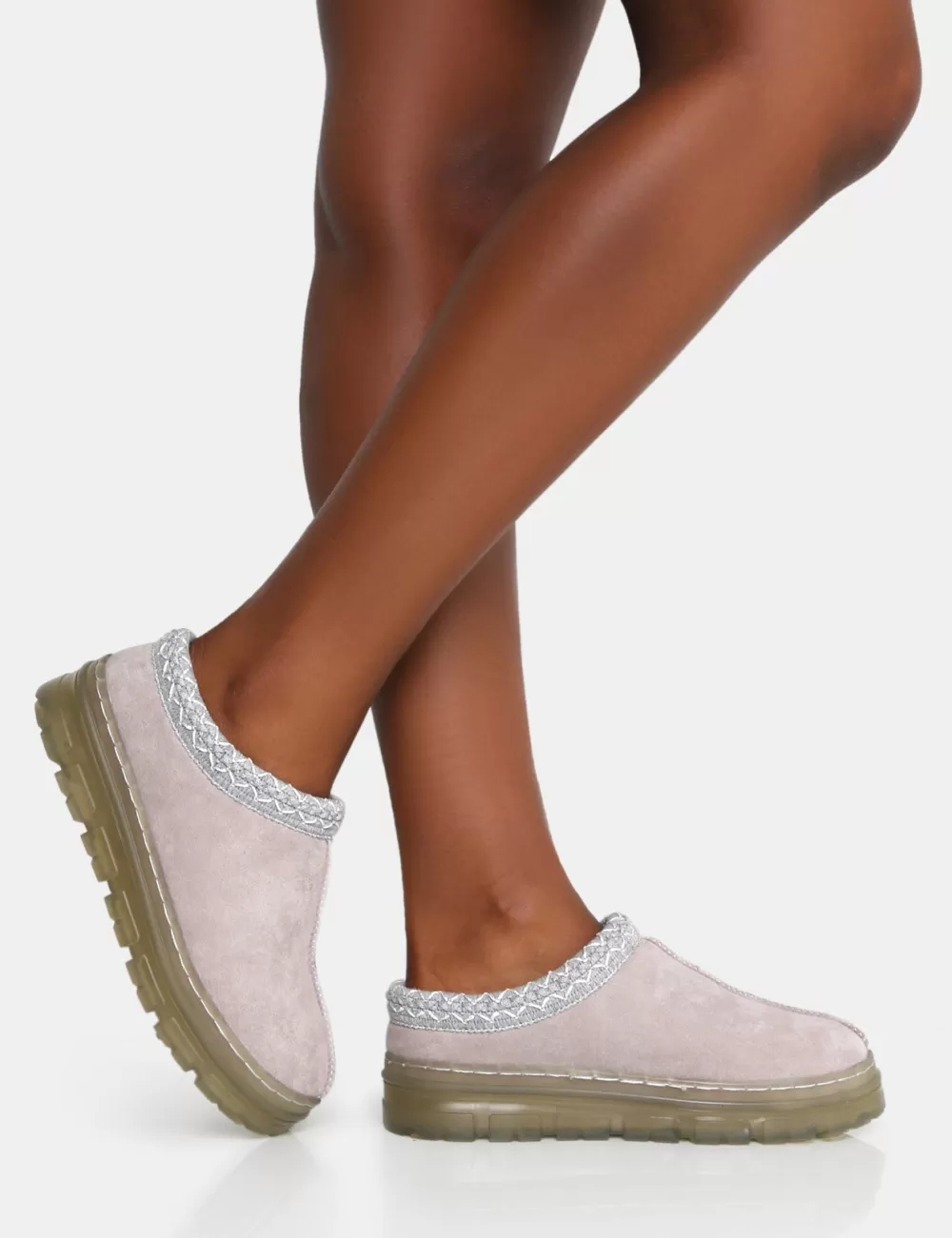 Clearance Public Desire Nala Light Faux Suede Embroidered Slipper Platform Boots Grey