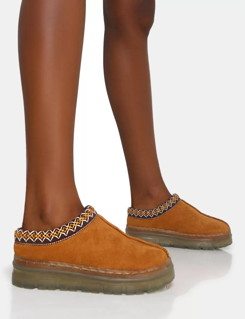 Sale Public Desire Nala Tan Faux Suede Embroidered Slipper Platform Boots Brown