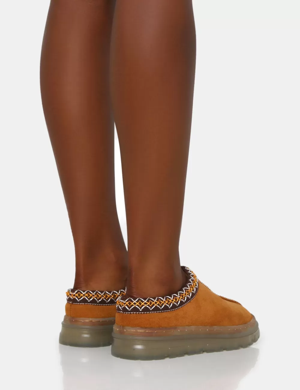 Sale Public Desire Nala Tan Faux Suede Embroidered Slipper Platform Boots Brown