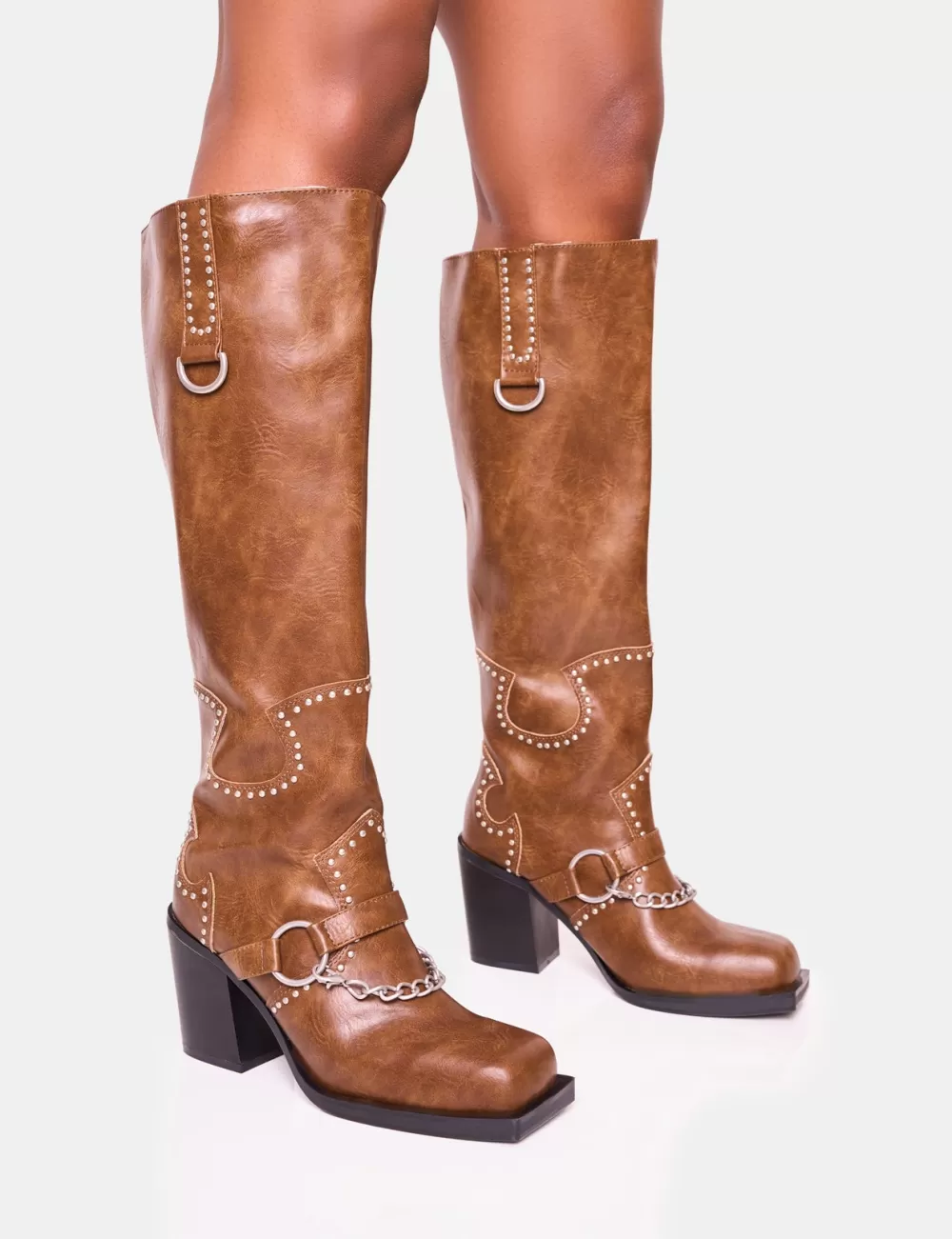 Clearance Public Desire Nashville Vintage Western Studded Block Heel Knee High Boot Brown
