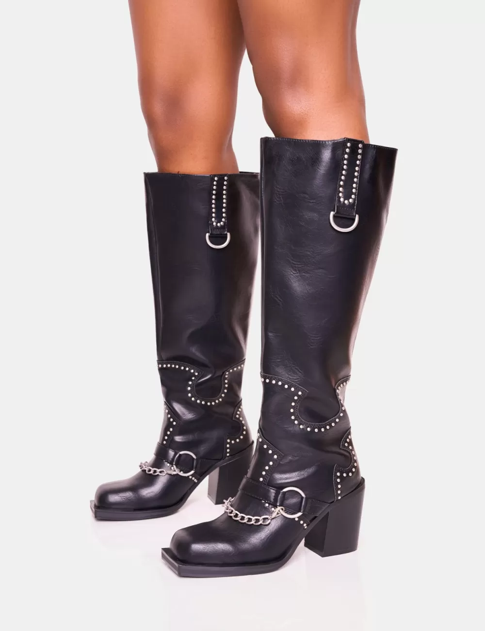 Store Public Desire Nashville Wide Fit Western Studded Block Heel Knee High Boot Black