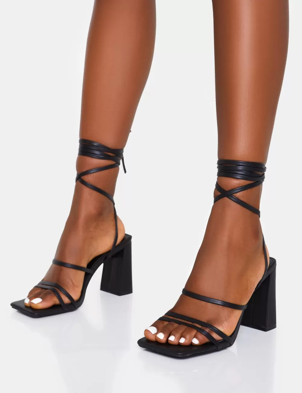 Discount Public Desire Natty Pu Lace Up Square Toe Mid Block Heels Black