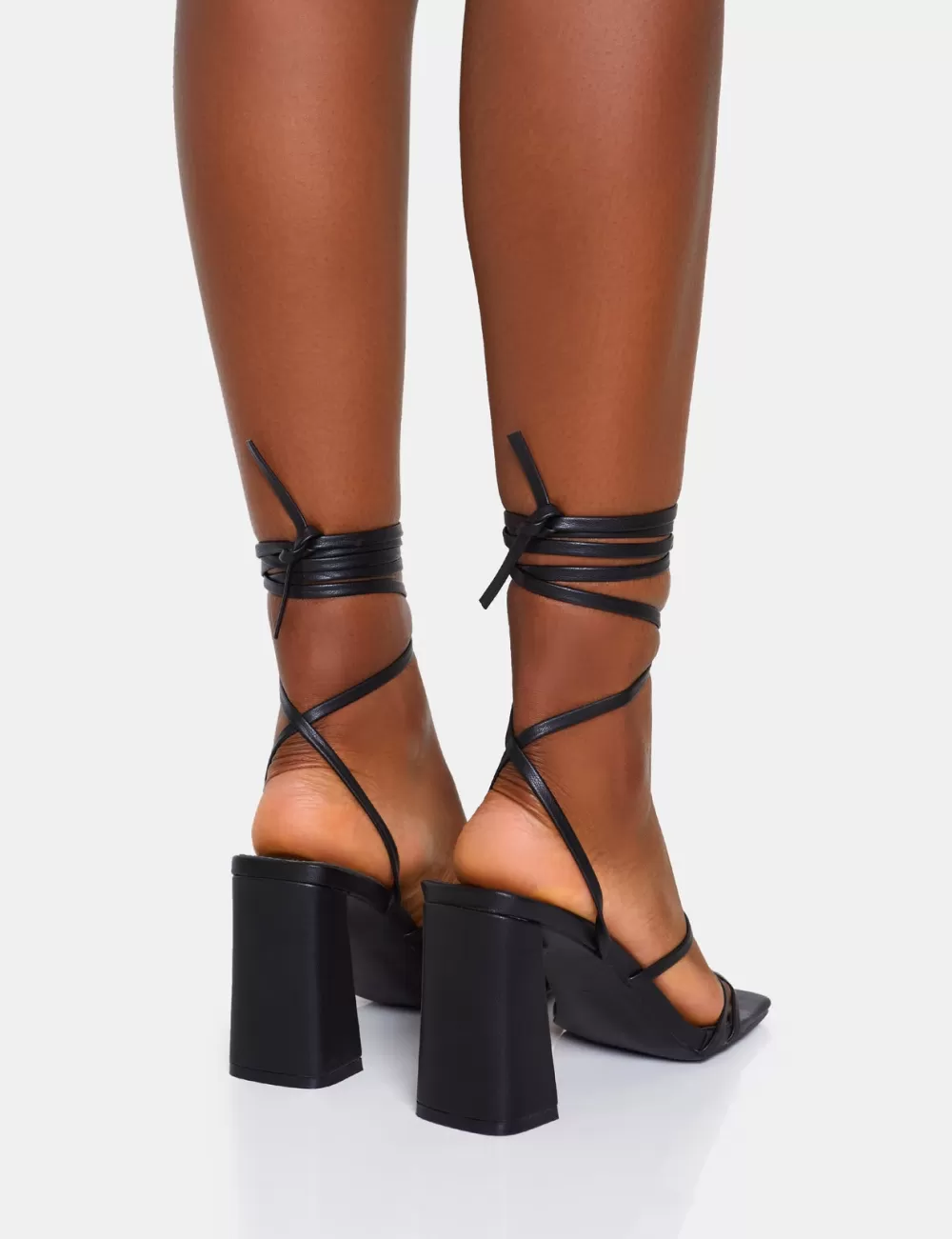 Discount Public Desire Natty Pu Lace Up Square Toe Mid Block Heels Black