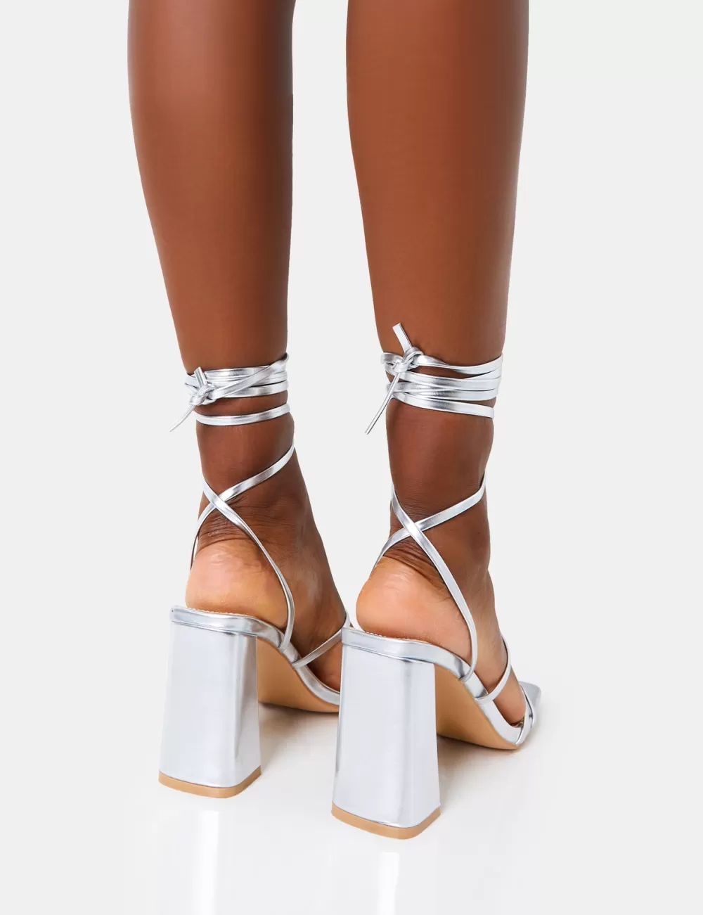 Clearance Public Desire Natty Pu Lace Up Square Toe Mid Block Heels Silver