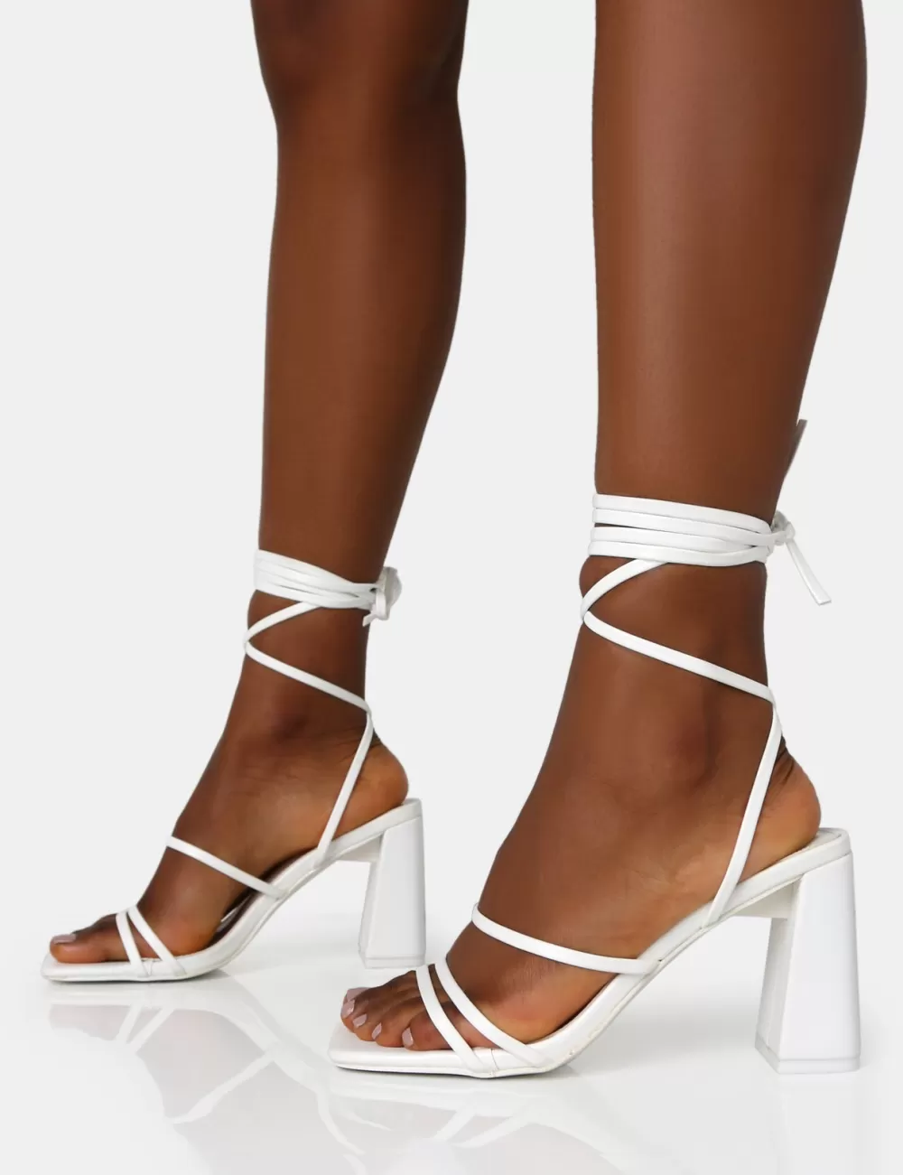 Cheap Public Desire Natty Pu Lace Up Square Toe Mid Block Heels White