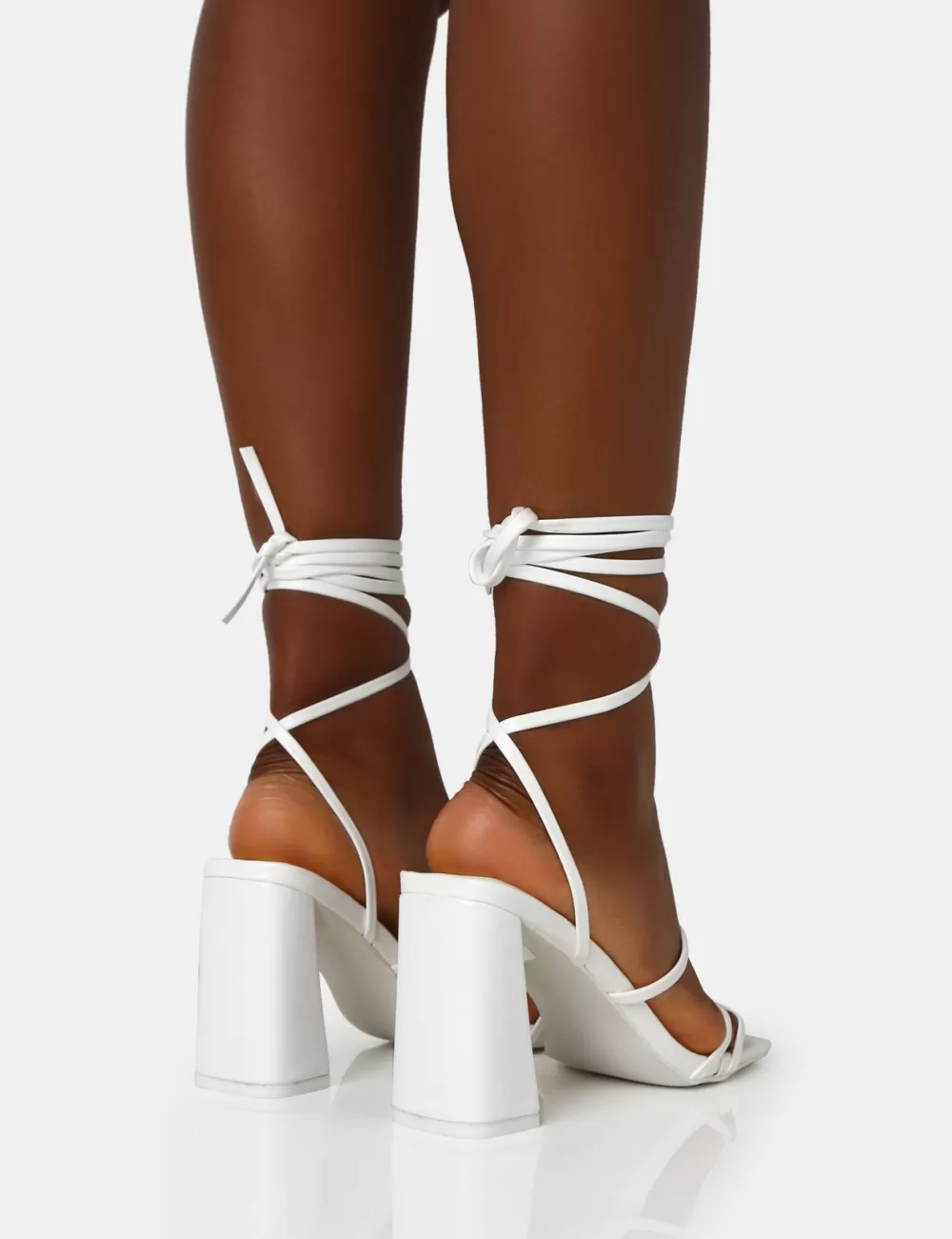 Cheap Public Desire Natty Pu Lace Up Square Toe Mid Block Heels White