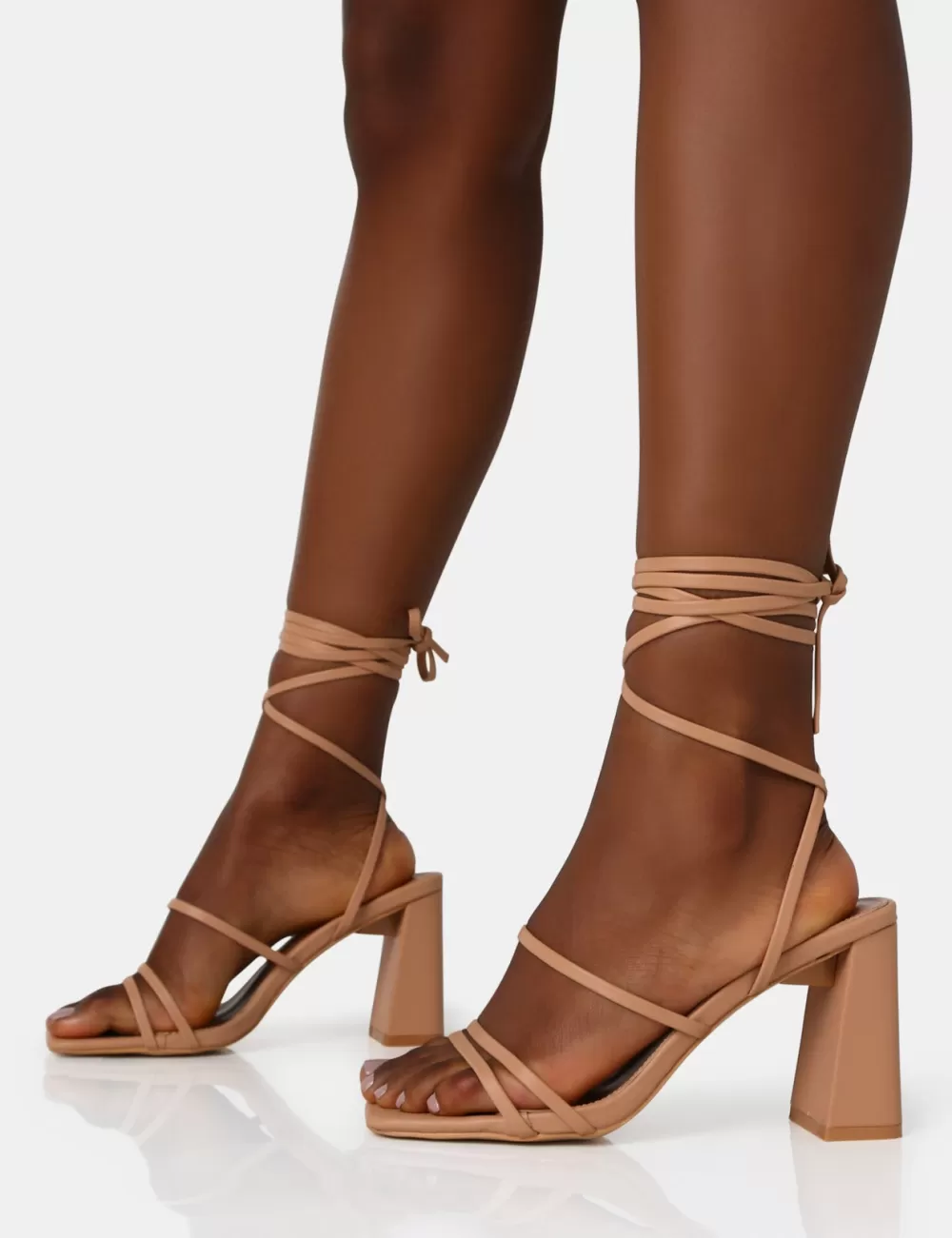 Shop Public Desire Natty Wide Fit Nude Pu Lace Up Square Toe Mid Block Heels Neutral