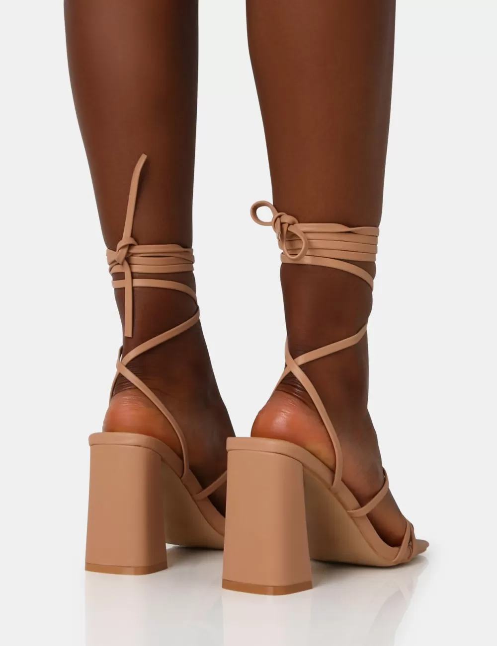Shop Public Desire Natty Wide Fit Nude Pu Lace Up Square Toe Mid Block Heels Neutral