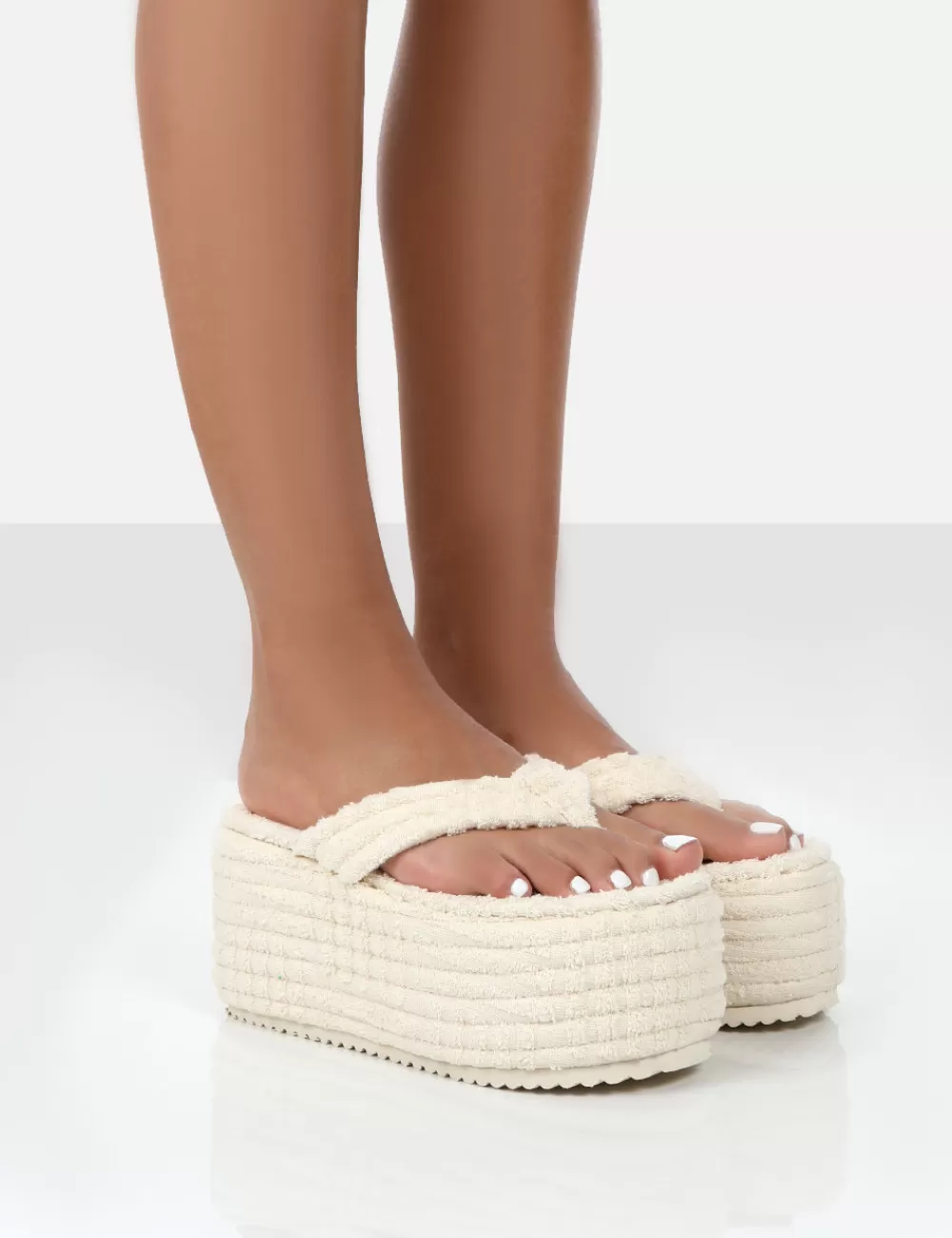 Sale Public Desire Nell Ecru Terry Towelling Platform Wedge Flip Flop Sandals White