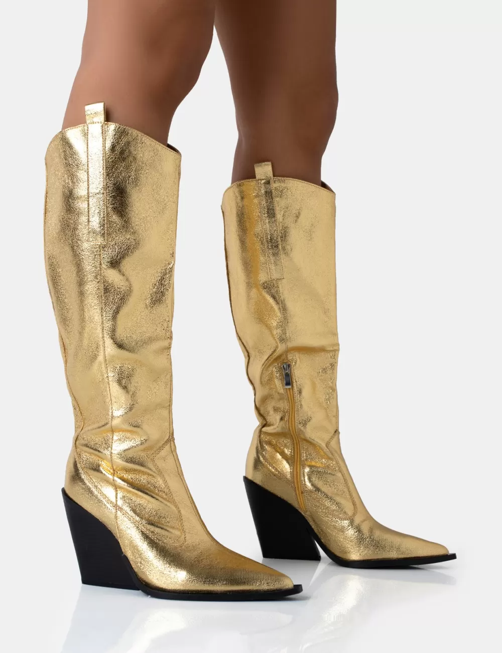 Shop Public Desire Nevada Metallic Western Cowboy Block Heel Knee High Boots Gold