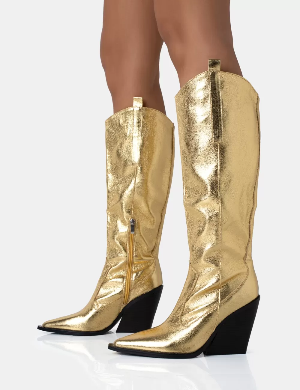 Shop Public Desire Nevada Metallic Western Cowboy Block Heel Knee High Boots Gold