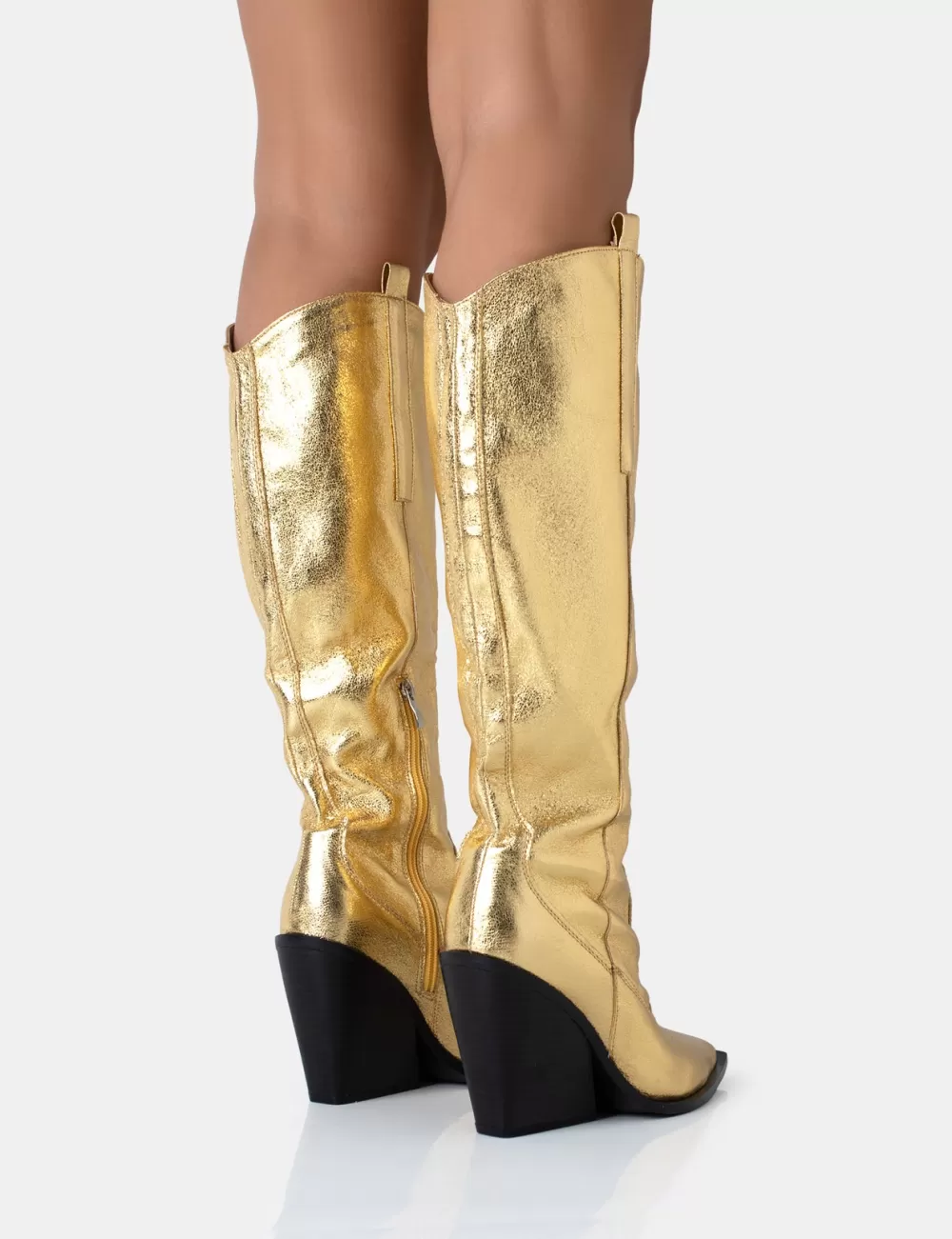 Shop Public Desire Nevada Metallic Western Cowboy Block Heel Knee High Boots Gold