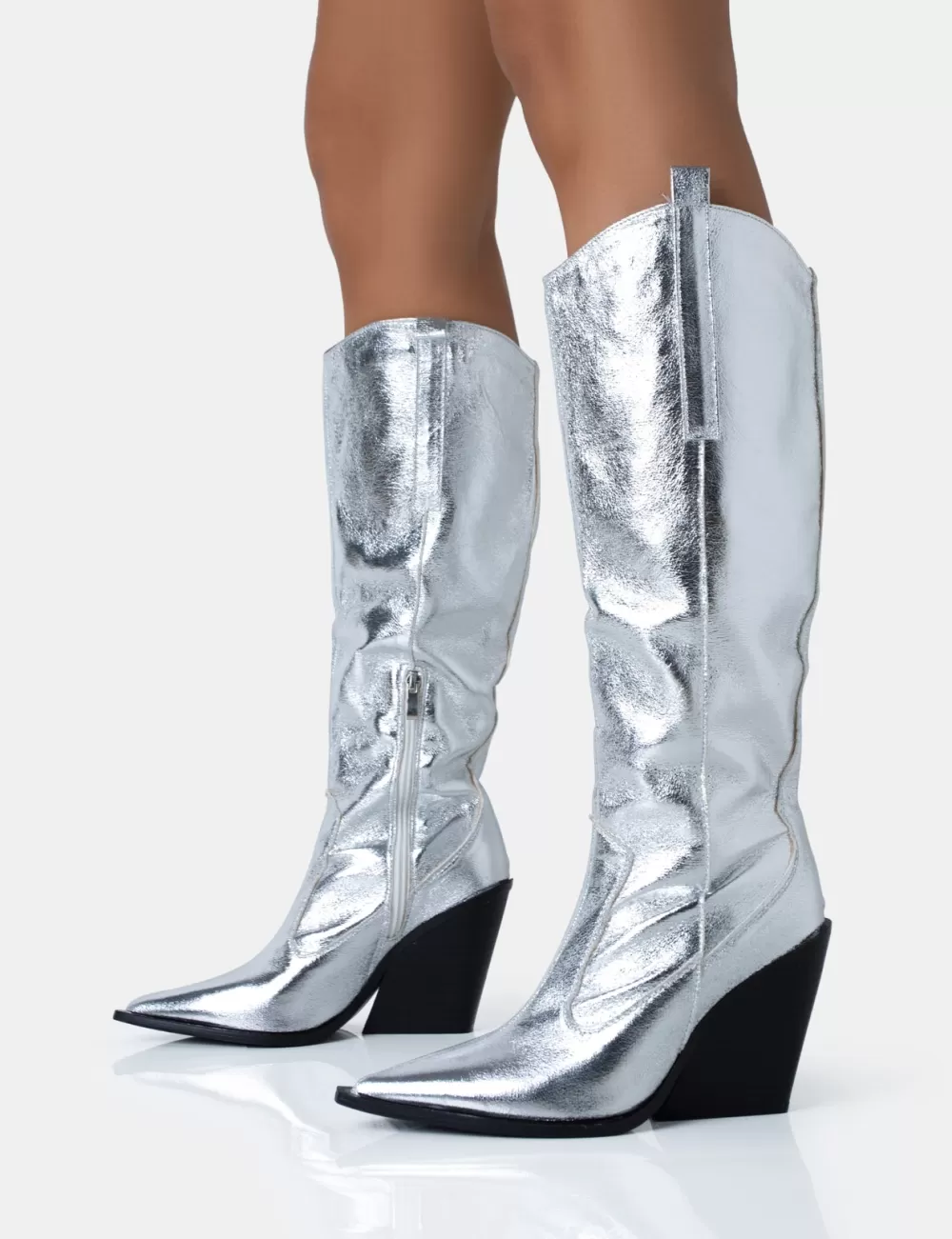 Best Public Desire Nevada Metallic Western Cowboy Block Heel Knee High Boots Silver