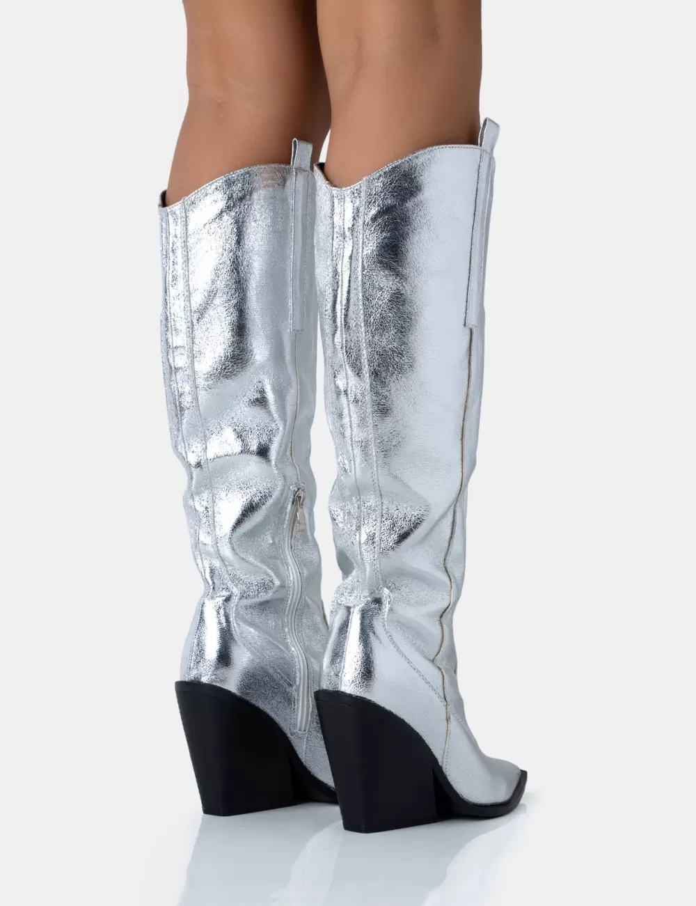 Best Public Desire Nevada Metallic Western Cowboy Block Heel Knee High Boots Silver