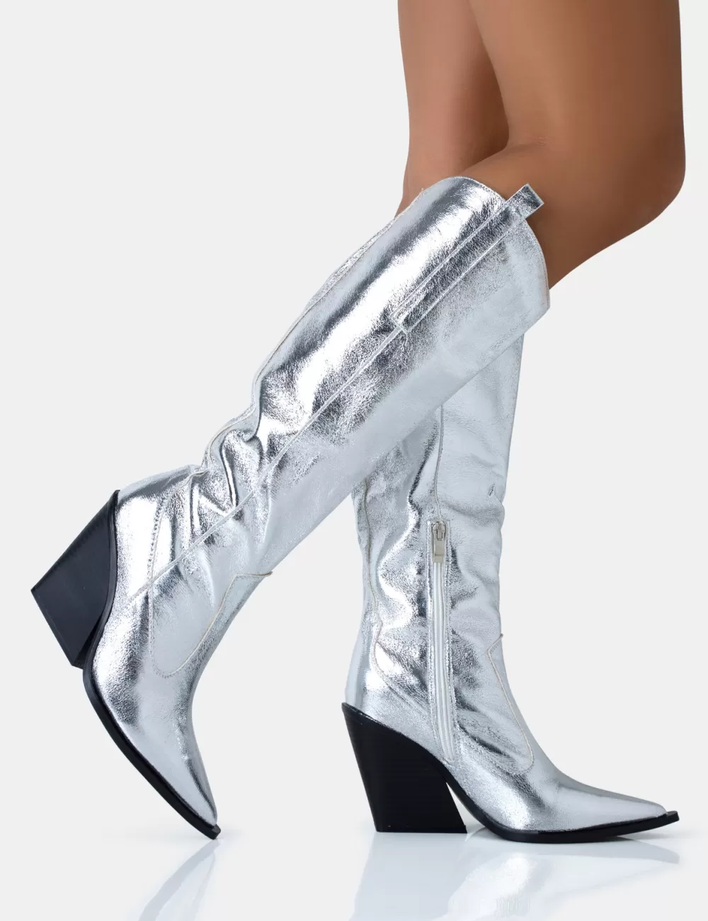 Shop Public Desire Nevada Metallic Wide Fit Western Block Heel Knee High Boots Silver