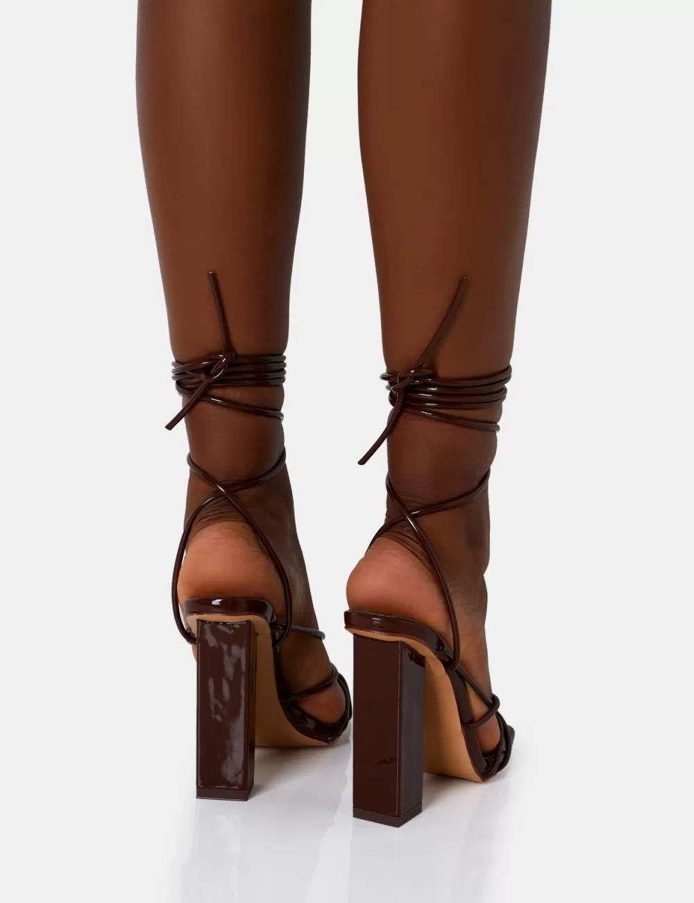 Flash Sale Public Desire Nyla Chocolate Patent Strappy Lace Up Square Toe Block Heels Brown