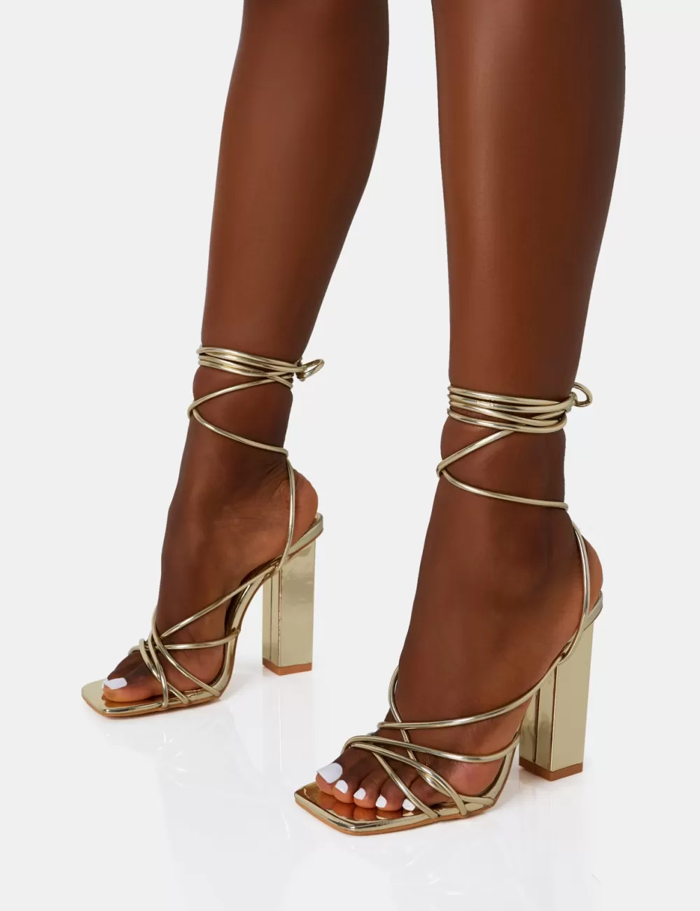 Best Sale Public Desire Nyla Mirror Strappy Lace Up Square Toe Block Heels Gold