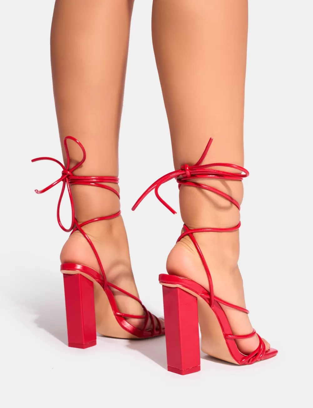 Clearance Public Desire Nyla Patent Strappy Lace Up Square Toe Block Heels Red
