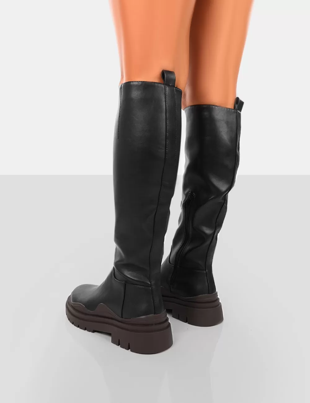 Sale Public Desire On Point Chocolate Black PU Chunky Sole Knee High Boots Brown