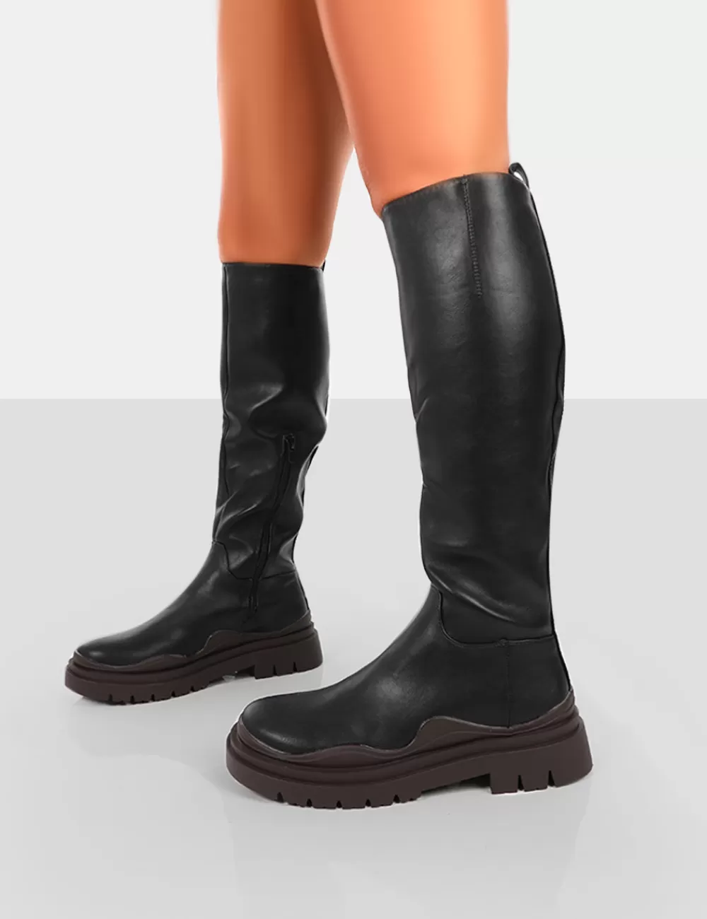 Sale Public Desire On Point Chocolate Black PU Chunky Sole Knee High Boots Brown