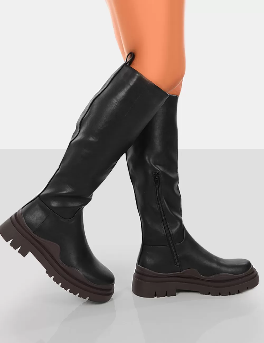 Sale Public Desire On Point Chocolate Black PU Chunky Sole Knee High Boots Brown