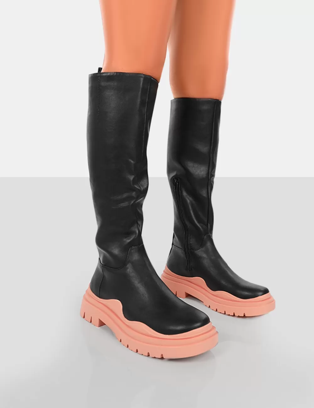 Sale Public Desire On Point Black PU Chunky Sole Knee High Boots Pink