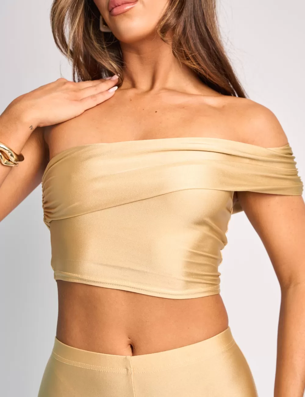 Best Sale Public Desire One Shoulder Fold Over Crop Top Co Ord Gold