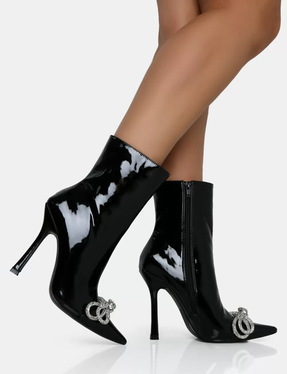 Online Public Desire Orla Patent Diamante Bow Pointed Toe Stiletto Ankle Boots Black