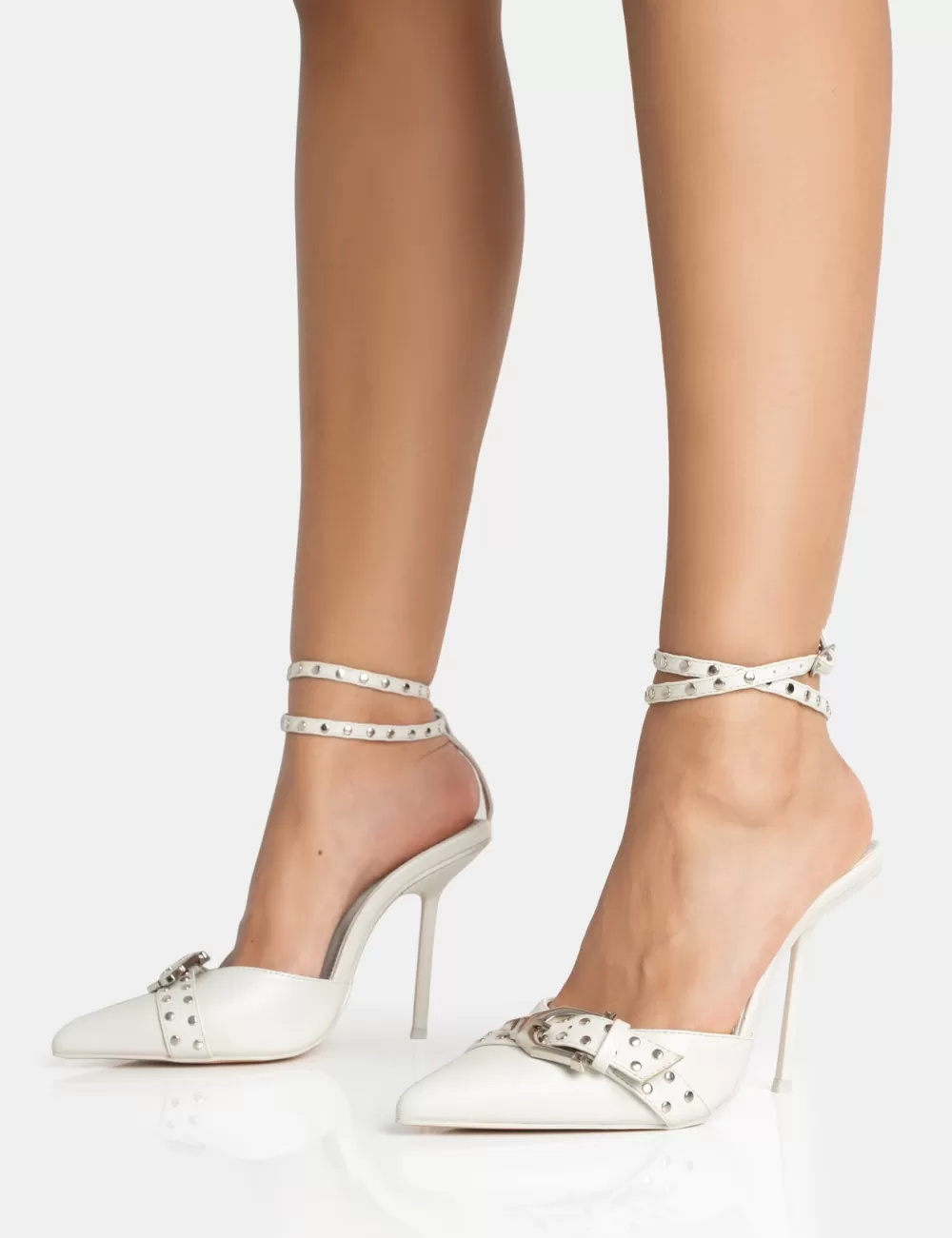 Online Public Desire Ozella Light Pu Studded Buckle Wrap Around Court Stiletto Heel Grey