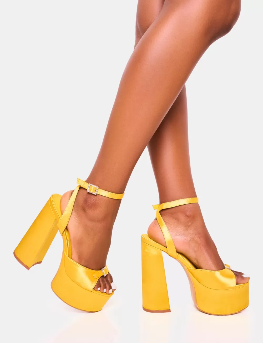 Store Public Desire Pansie Satin Diamante Platform Heels Yellow