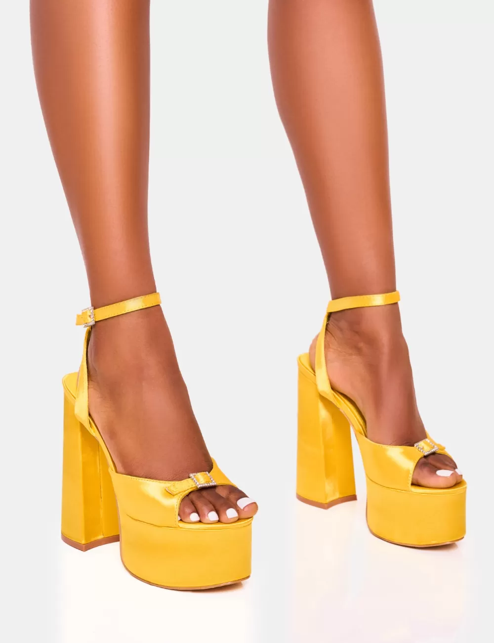 Store Public Desire Pansie Satin Diamante Platform Heels Yellow