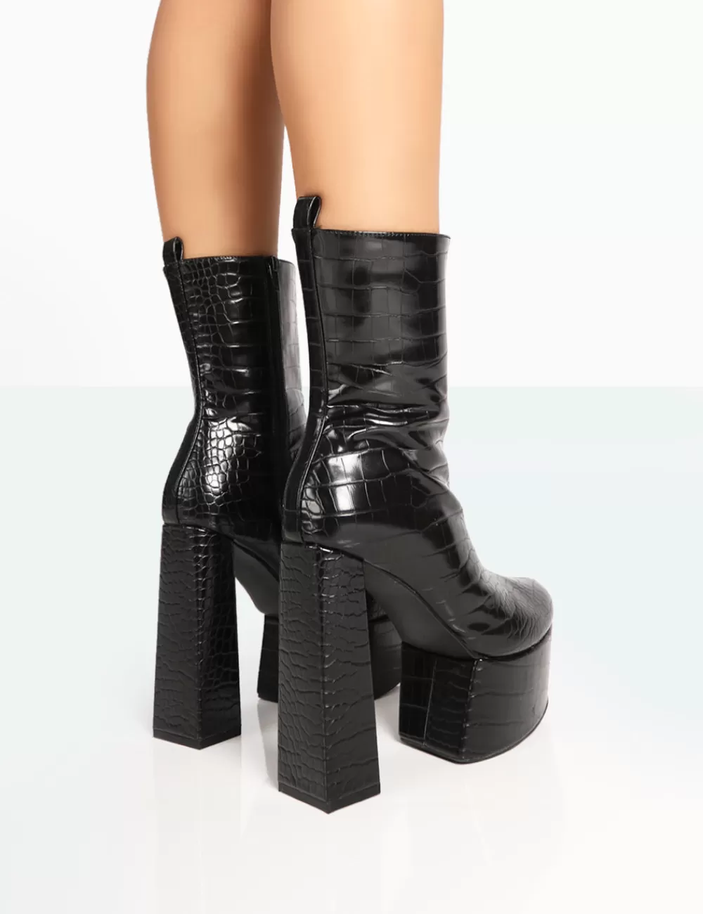 Sale Public Desire Parker Patent Croc Platform Rounded Pointed Toe Block Heeled Ankle Boots Black